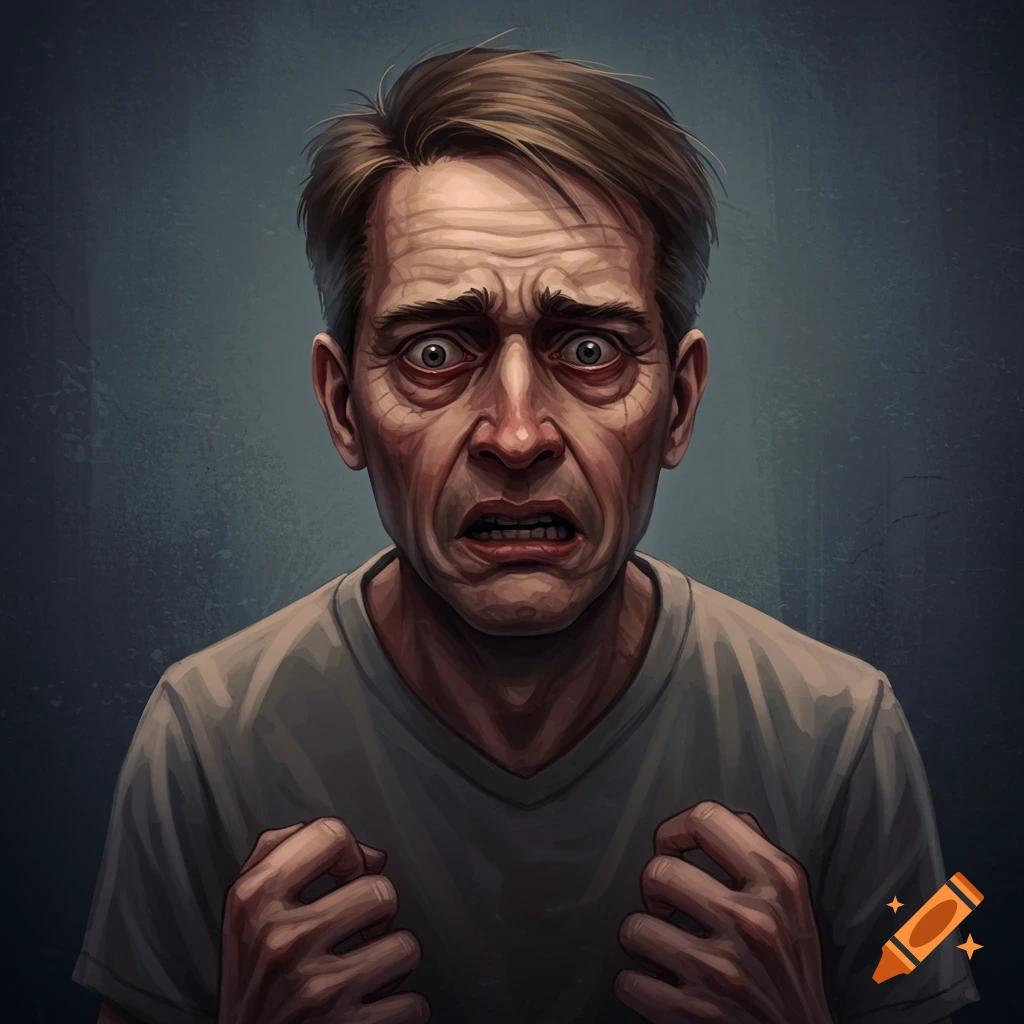Close-up illustration of a fearful man with wide eyes and clenched fists