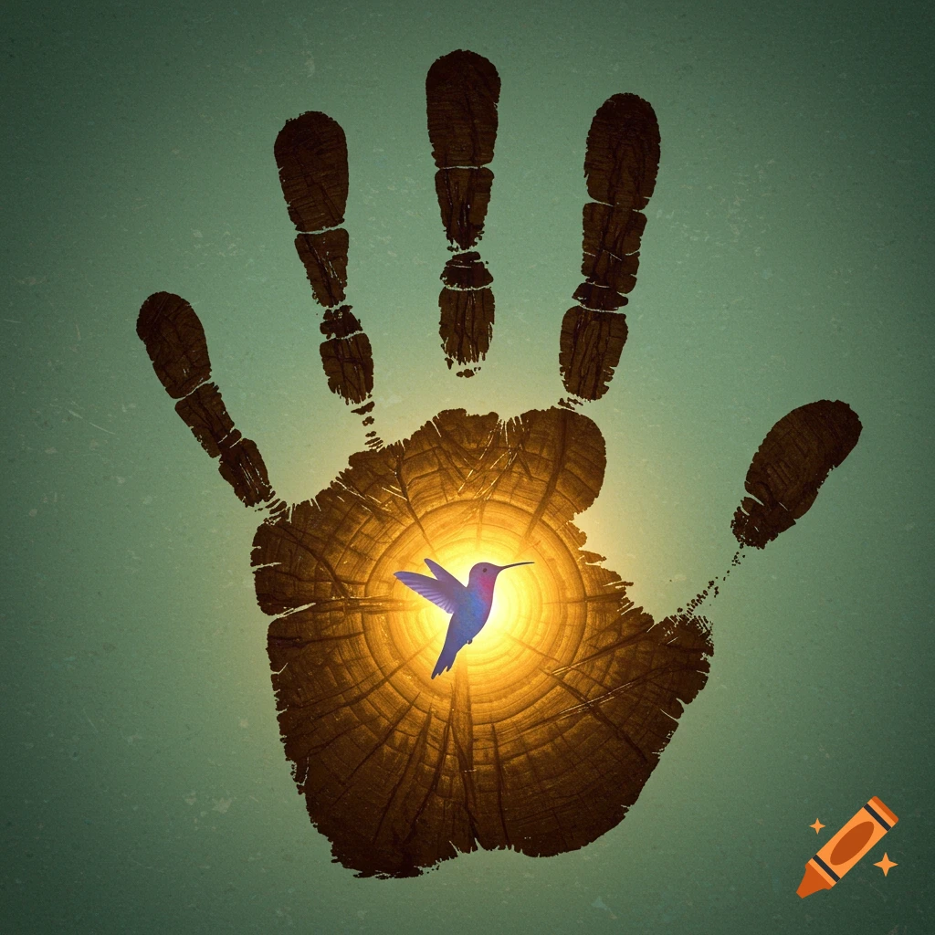 Graphic illustration of a handprint with a glowing, wood grain center containing a hummingbird.