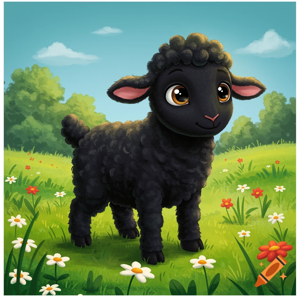 A cute cartoon black lamb stands in a grassy meadow filled with red and white flowers under a blue sky.