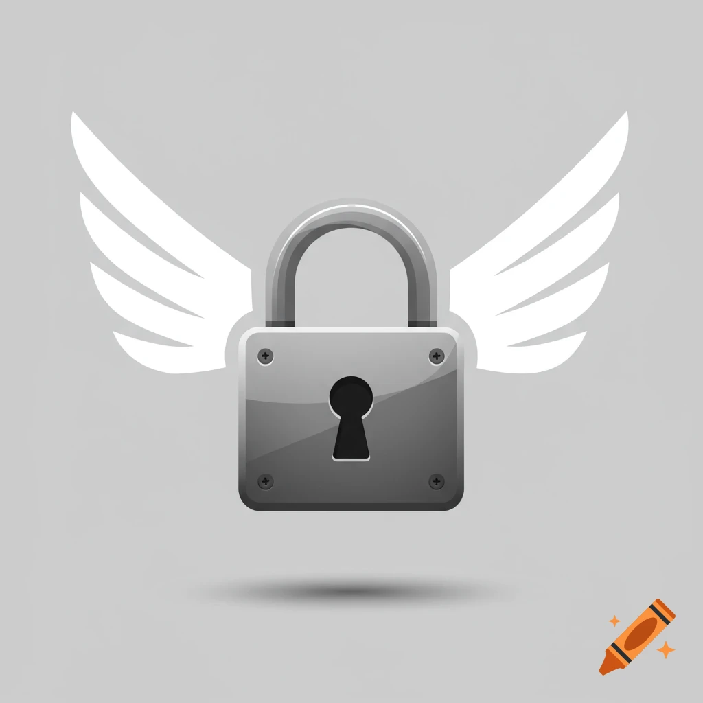Illustration of a grey padlock with white wings on a grey background