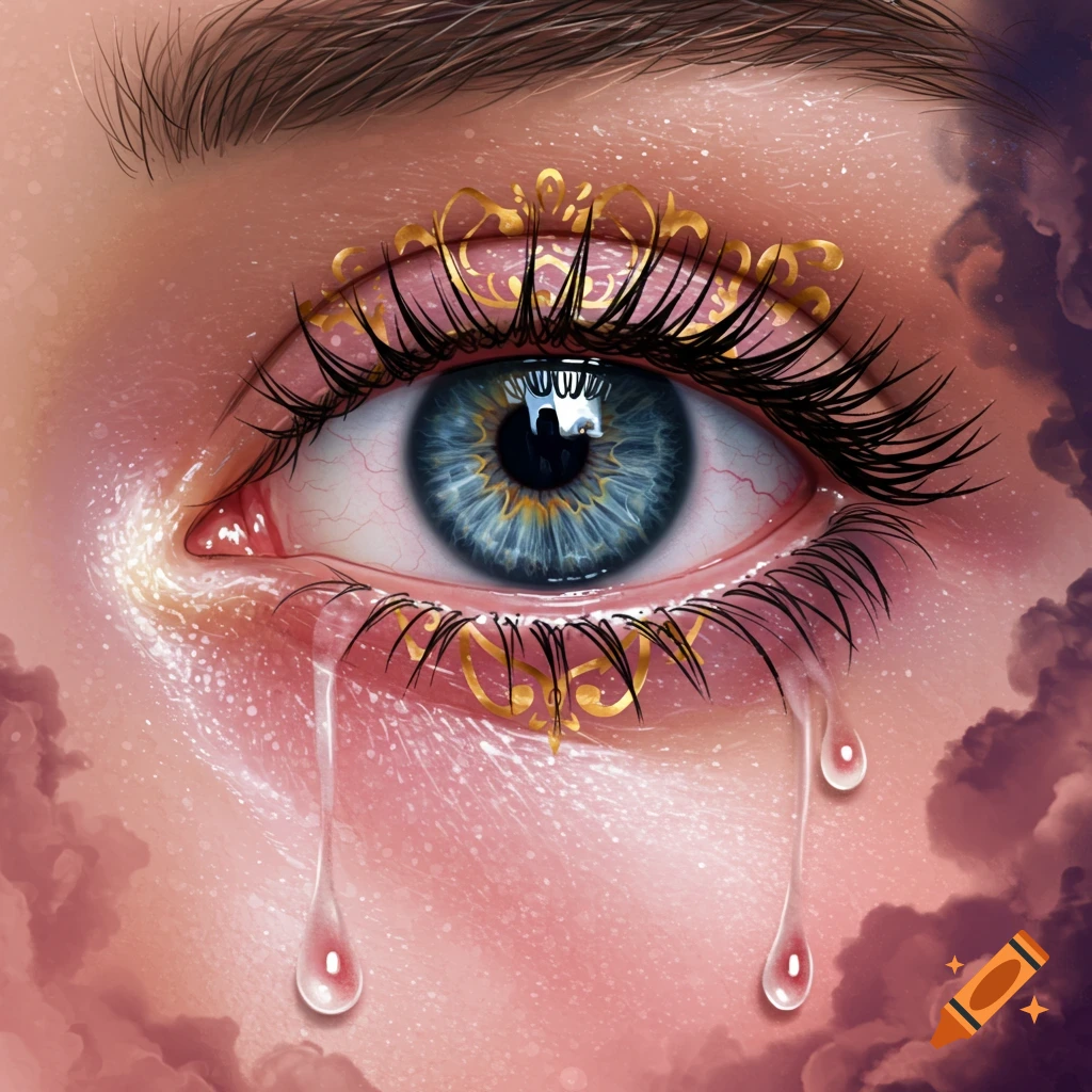 Close-up of a detailed blue eye crying with golden eyelid decoration and cloudy background.