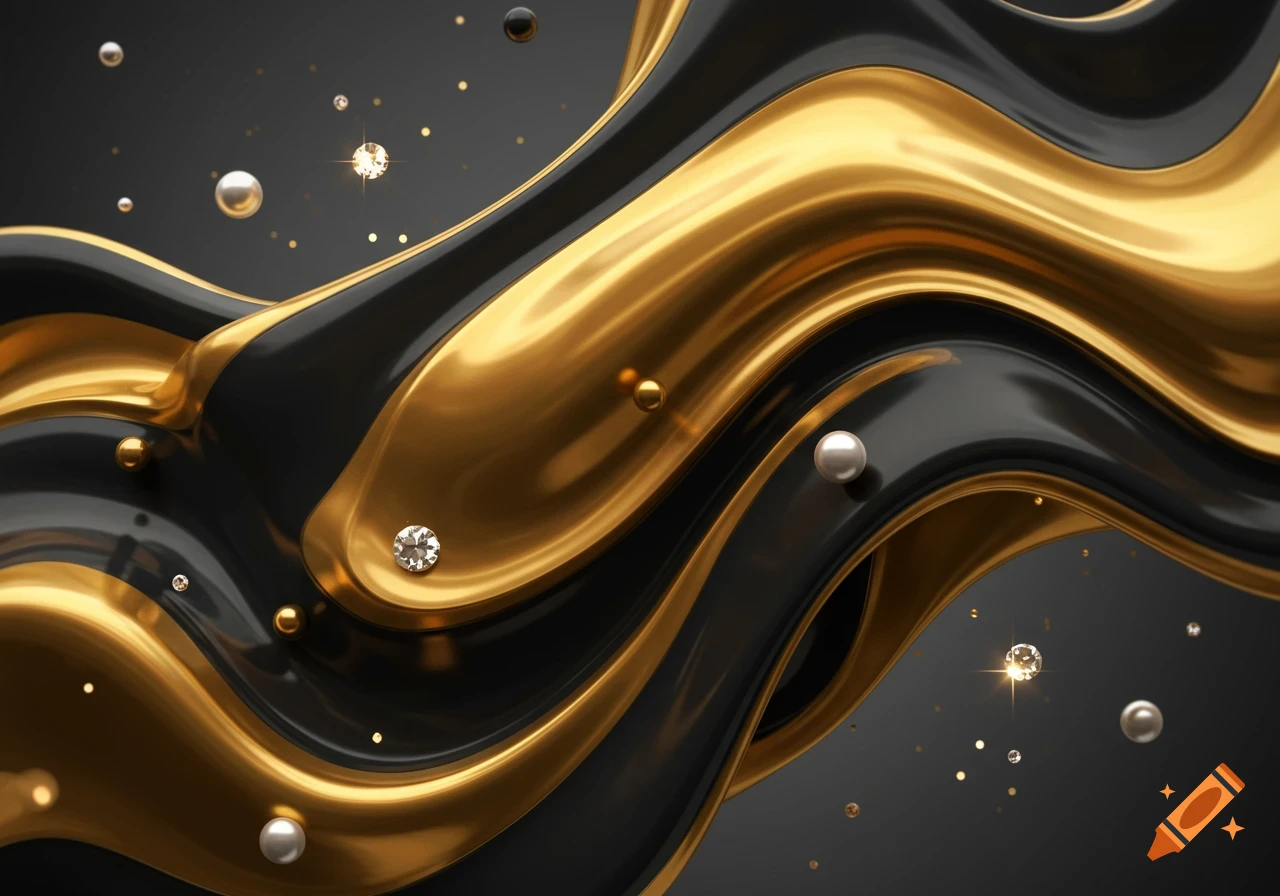 Abstract composition of swirling gold and black liquid forms with scattered pearls and diamonds on a dark background.