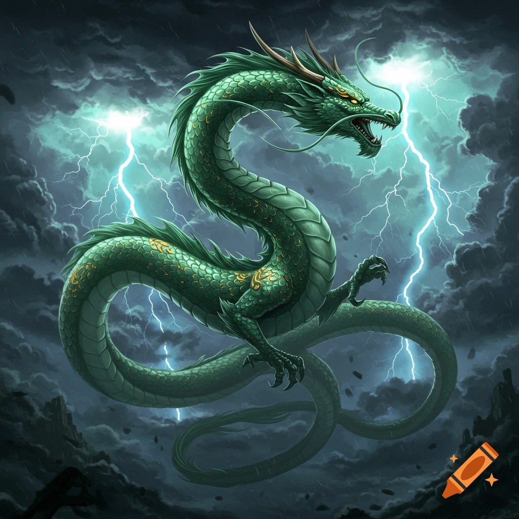 A green Chinese dragon with gold accents flies through dark, stormy clouds with lightning strikes.