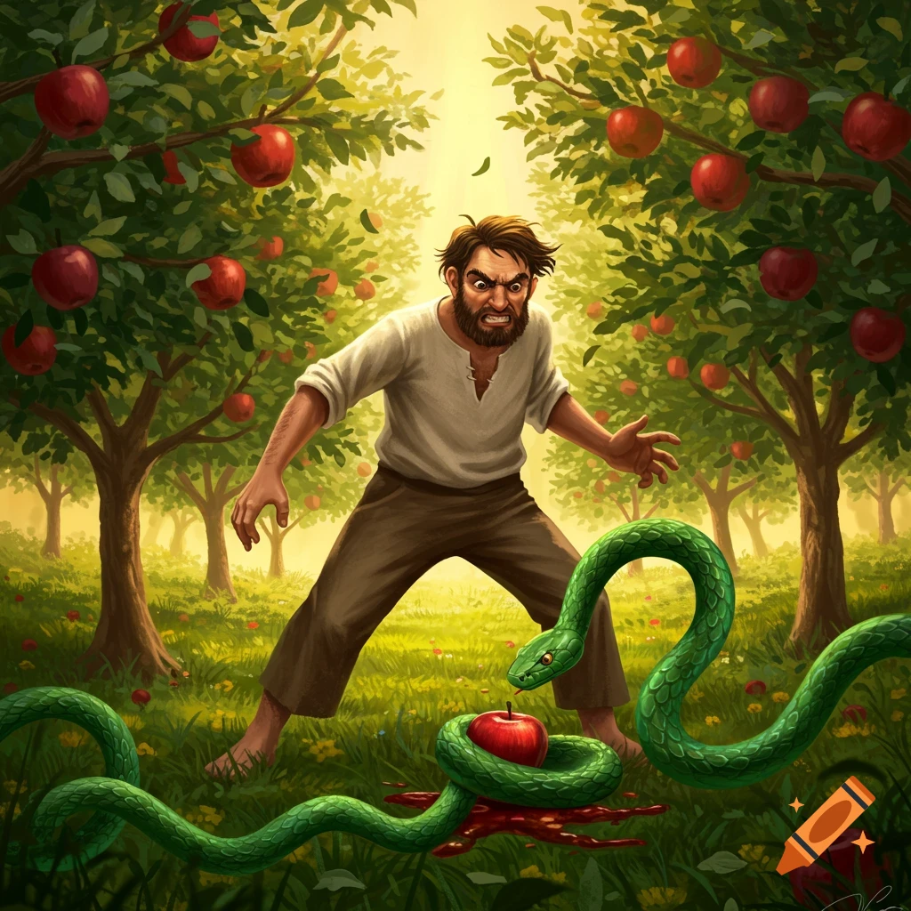 Angry man facing a snake with an apple in a fantasy orchard.