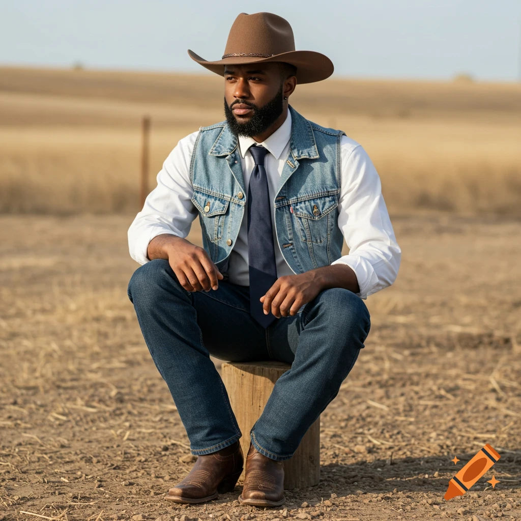 Photorealistic portrait of a black man in a cowboy hat, denim vest, jeans, and boots sitting on a log in a field.