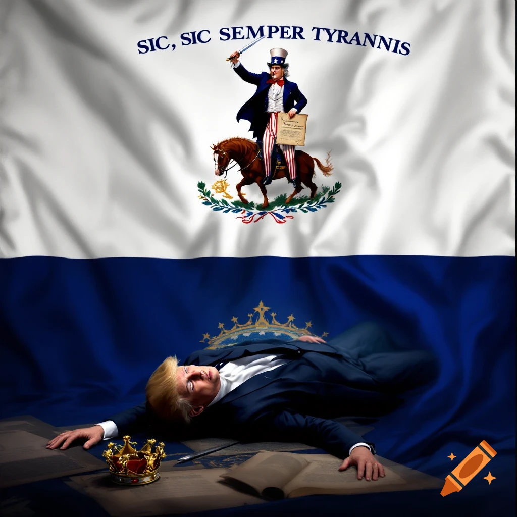Modified flag resembling Virginia's, with Uncle Sam on horseback above Donald Trump lying down with a crown. Text reads "SIC, SIC SEMPER TYRANNIS".