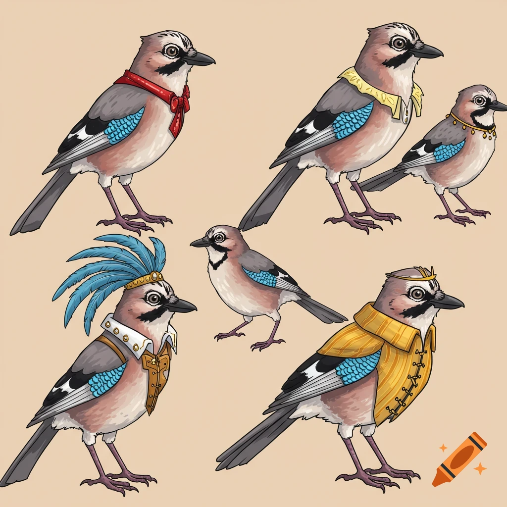 Illustration of multiple Eurasian jays wearing various outfits.