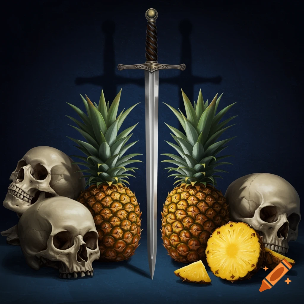Still life painting of skulls, pineapples, and a sword on a dark background.