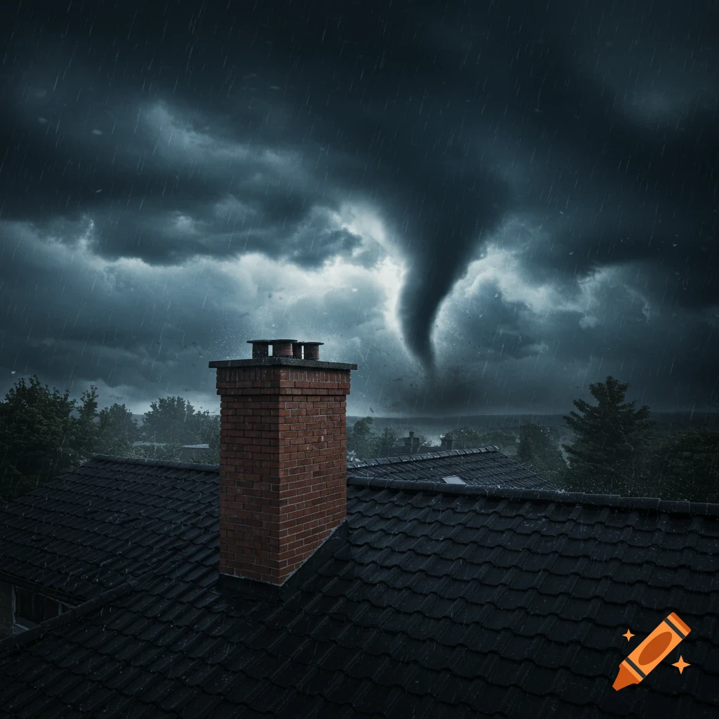 A dark, stormy sky with a tornado in the distance, viewed from a rooftop with a brick chimney