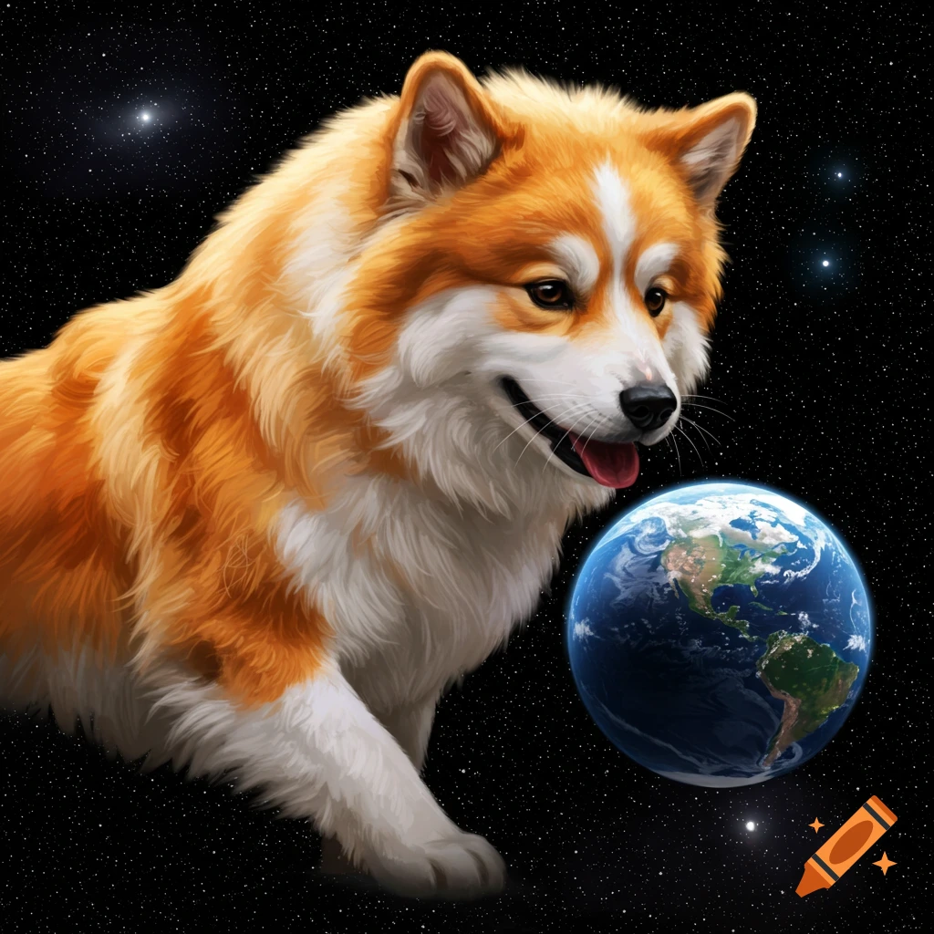 A large fluffy dog looks at Earth in space, which resembles a small ball. Digital art.
