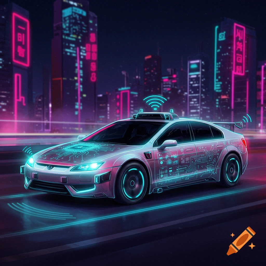 A futuristic car with circuit board patterns drives on a road at night in a neon-lit cyberpunk city.
