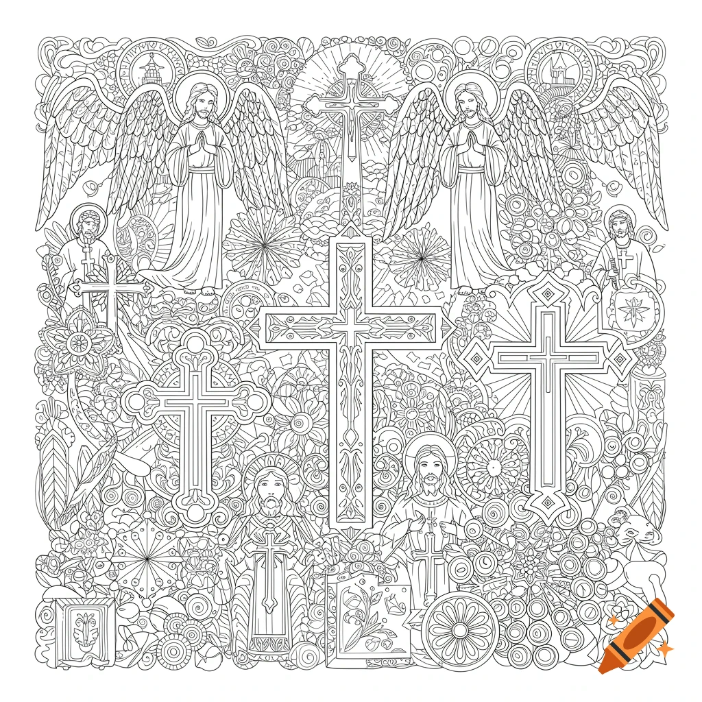 Detailed black and white Christian coloring page with crosses, angels, and religious figures surrounded by ornate patterns.