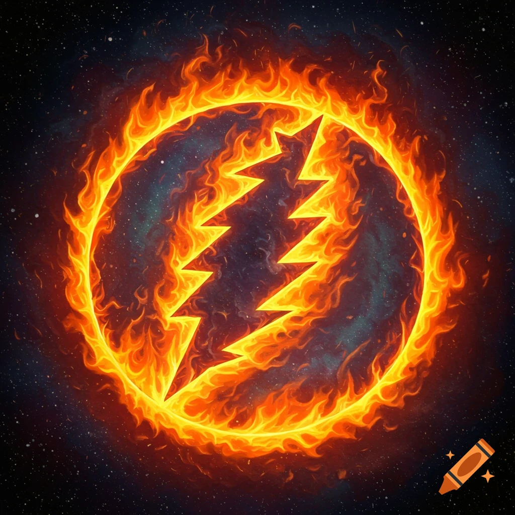 Grateful Dead lightning bolt symbol surrounded by fire against a starry background.