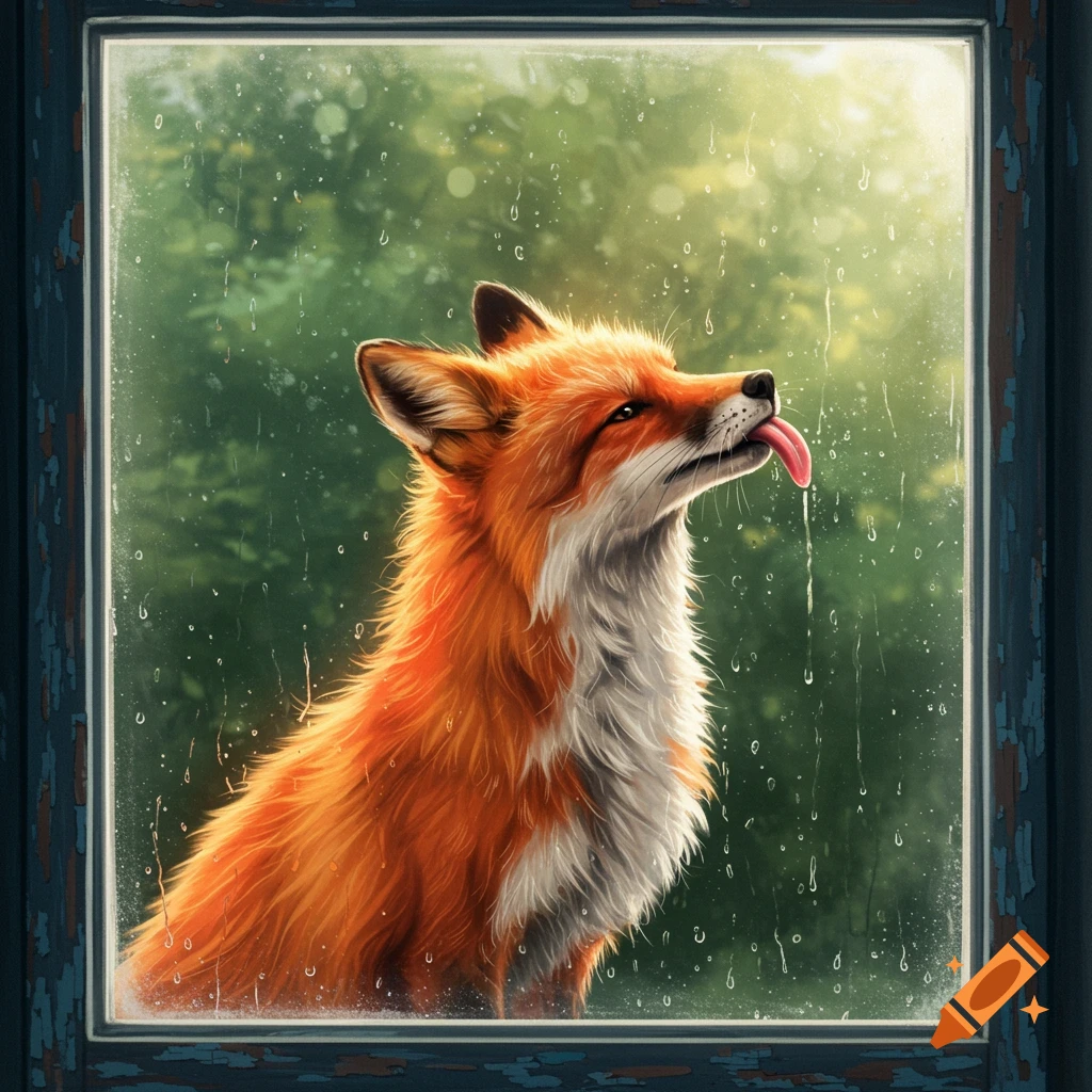 An orange and white fox licks a rainy window pane, looking up with its tongue out.