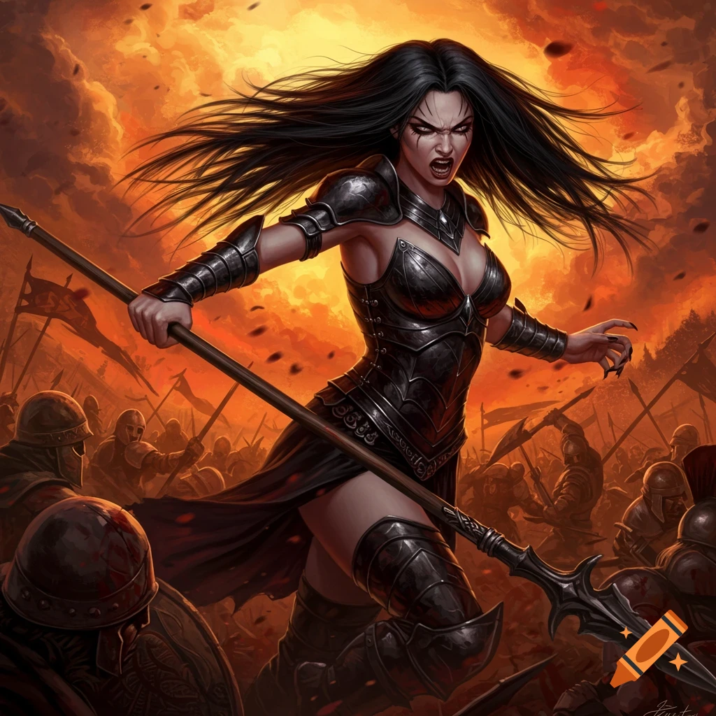 Fantasy art of a fierce dark-haired woman in black armor with a spear, fighting in a chaotic battle under an orange sky.