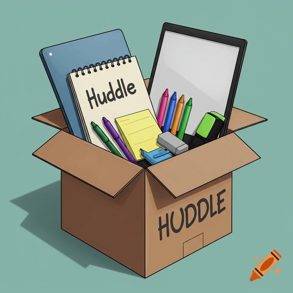 An illustration of a box filled with office and school supplies, including pens, crayons, a notepad, and a tablet. The word 'Huddle' is written on the notepad and the box.