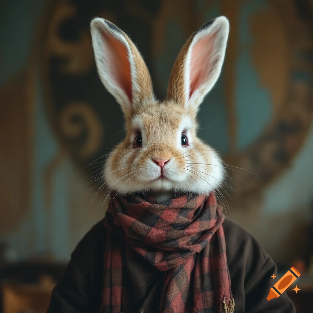Close-up portrait of a rabbit wearing a red and brown checkered scarf