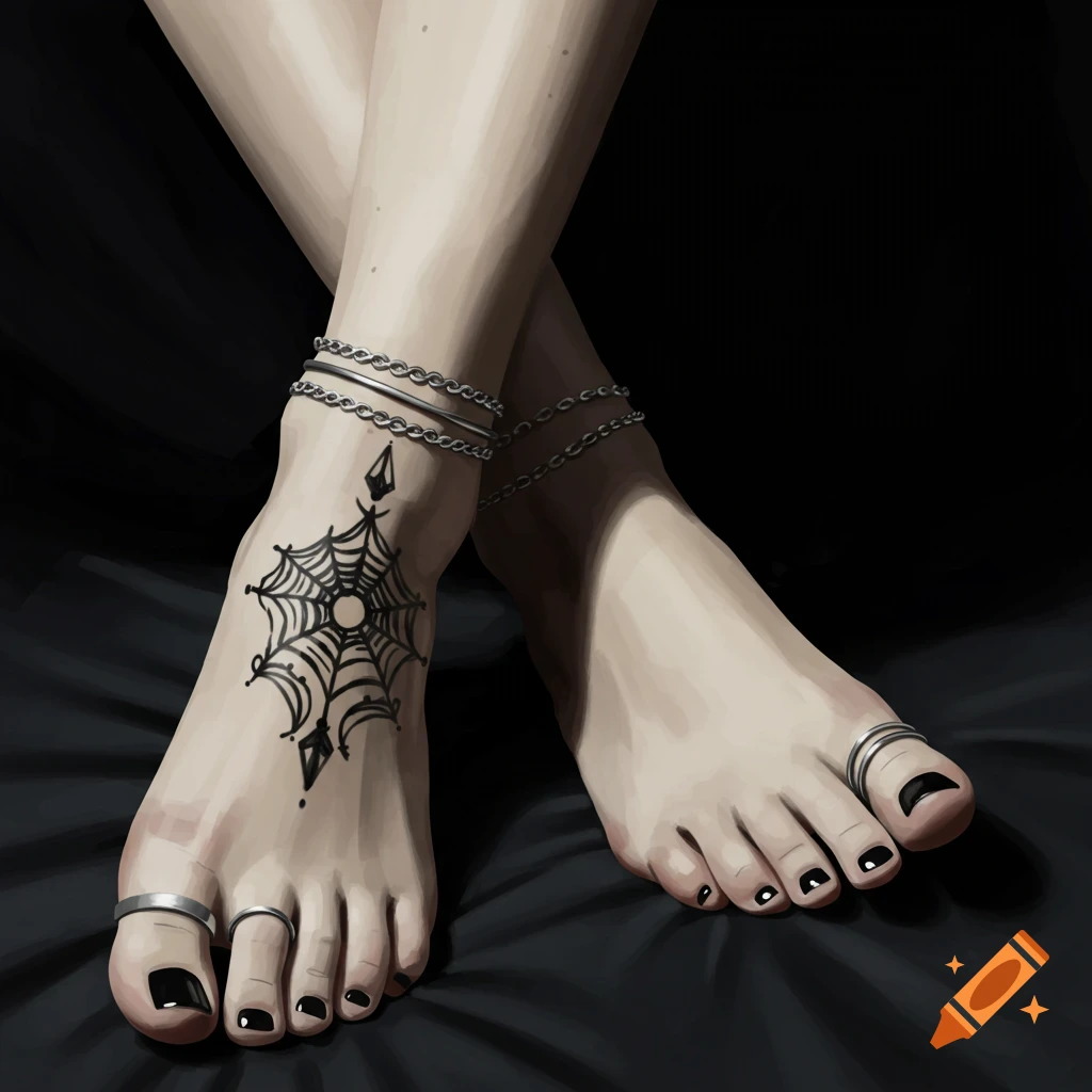 Crossed bare feet with black polish, toe rings, anklets, and a spiderweb design tattoo.