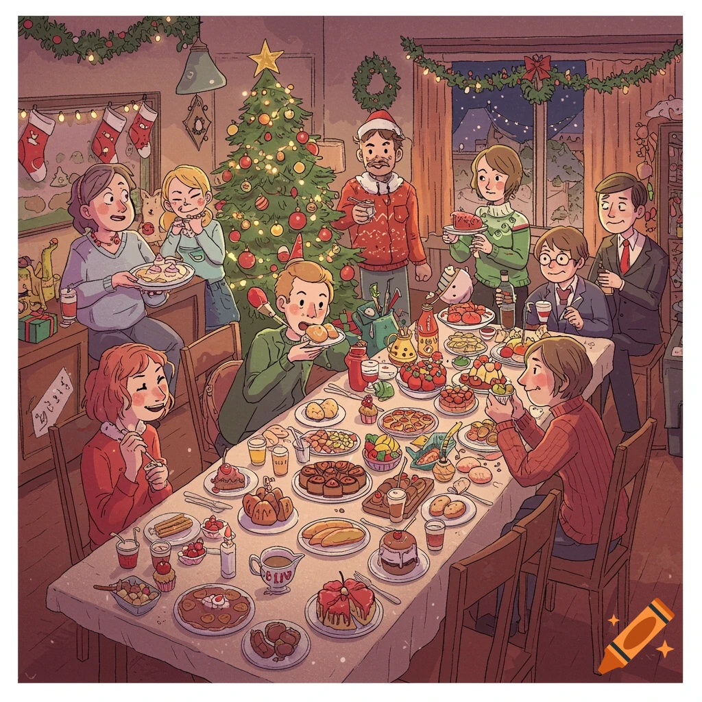 An illustrated family gathers around a table for a Christmas dinner.
