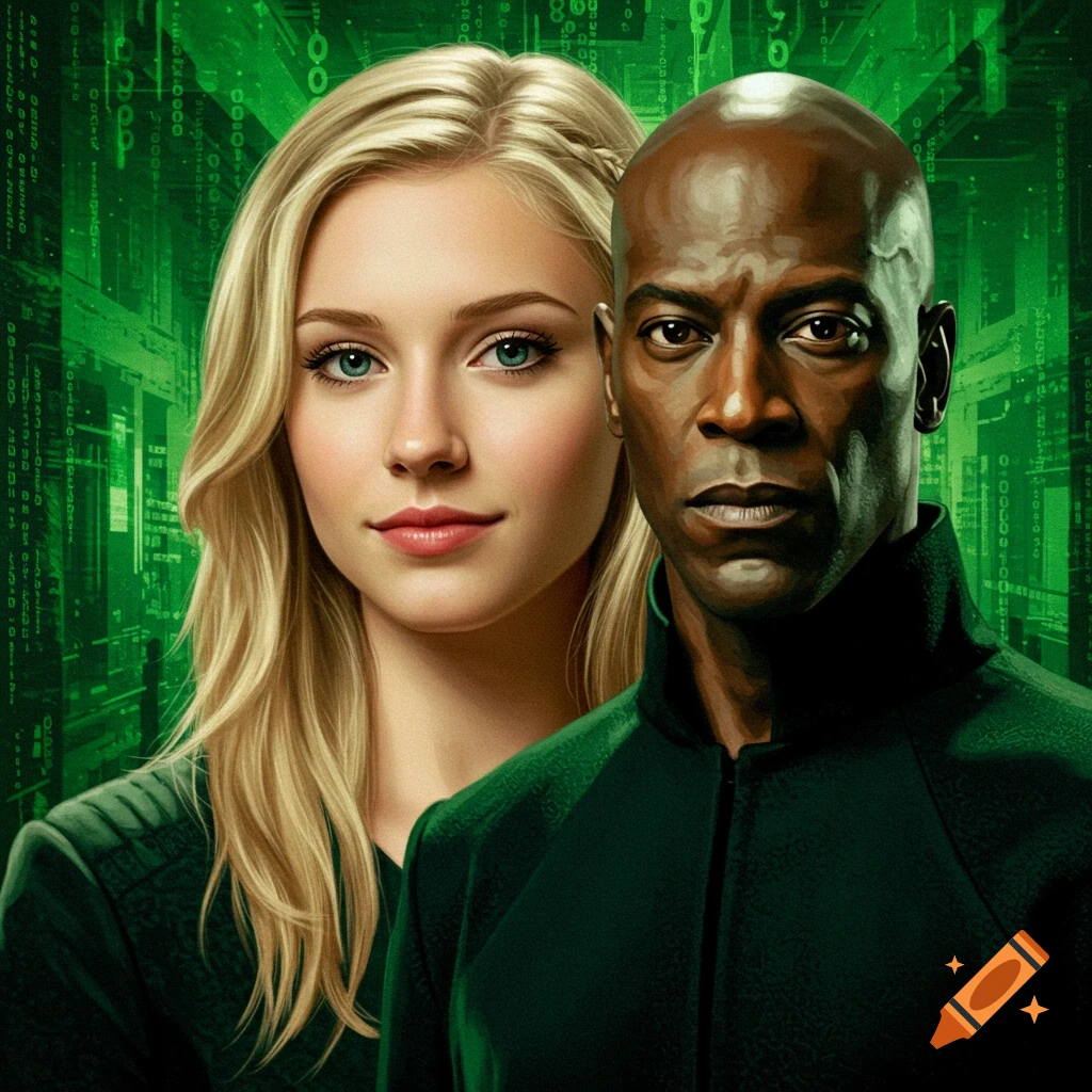 A blonde woman and a bald Black man stand against a green background with Matrix code rain.