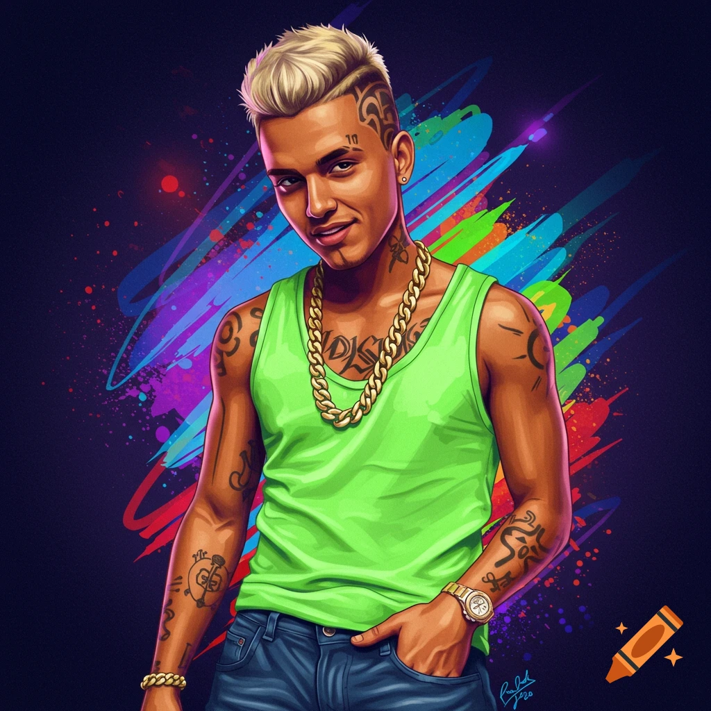 Illustration of a young man resembling a reggaeton rapper, wearing a green tank top and jeans, with tattoos and gold chains, against a colorful background.