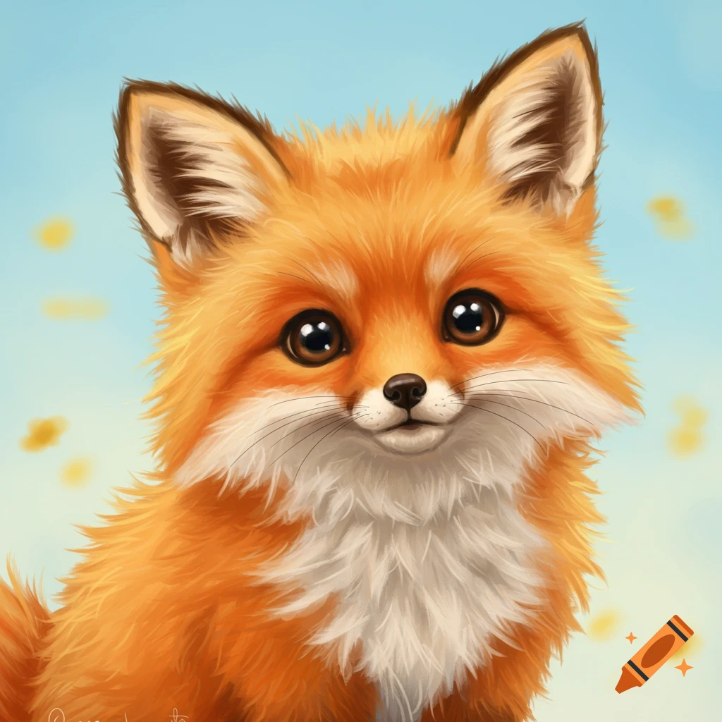 Close-up illustration of a cute fox face against a blue sky background.