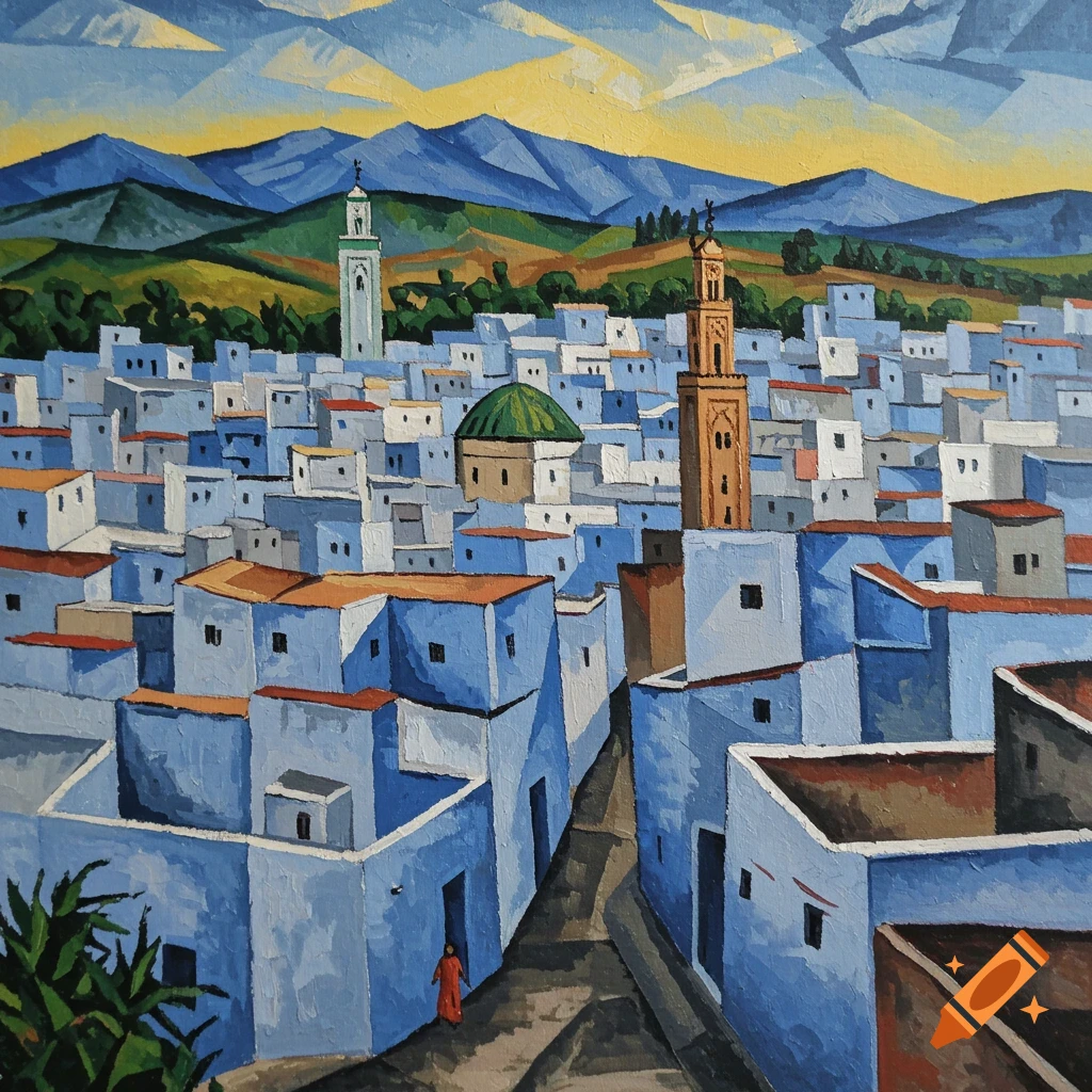 Cubist painting of a blue city in Morocco with minarets, mountains, and a person in red.