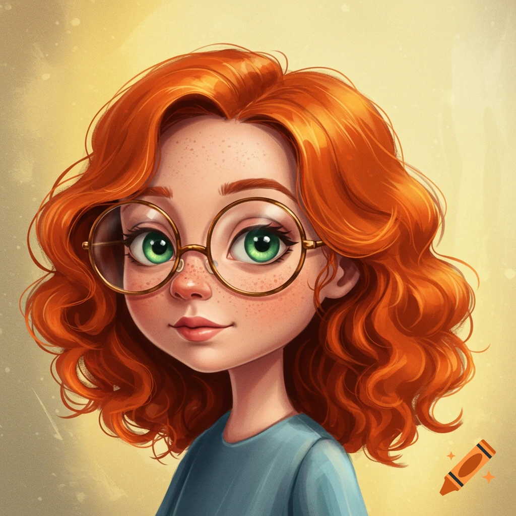 Illustration of a girl with red hair, freckles, and glasses