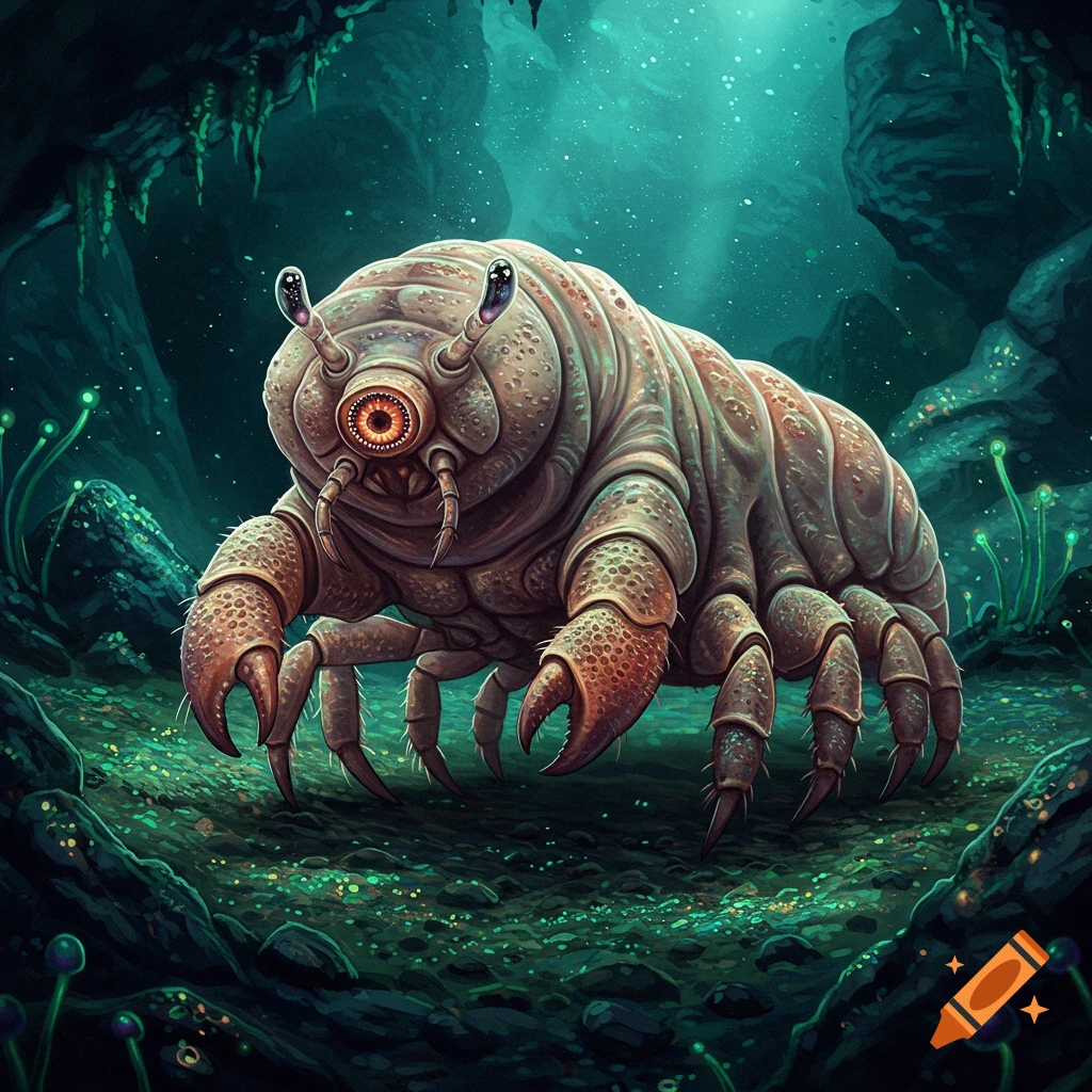 A large, detailed creature that is a cross between a tardigrade and a crab sits in a glowing cave environment.