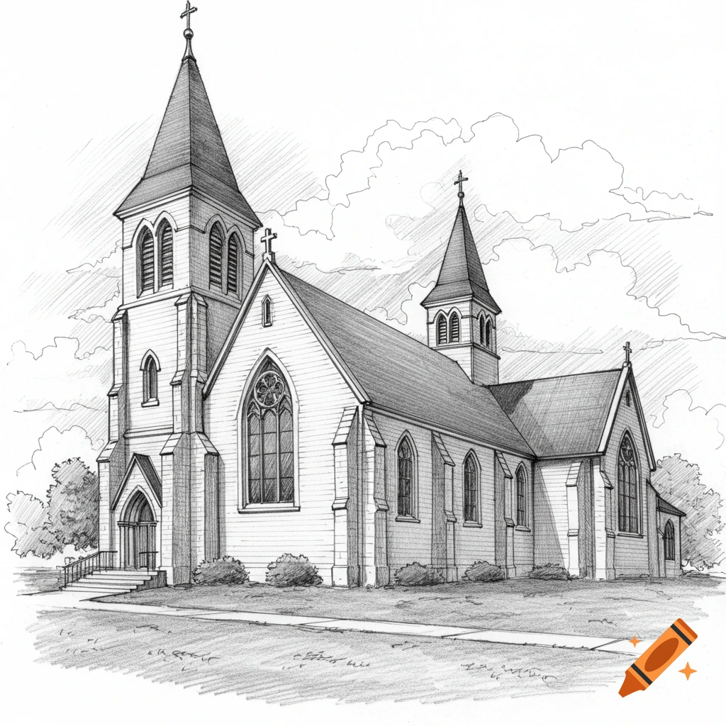 A detailed pencil sketch of a church.