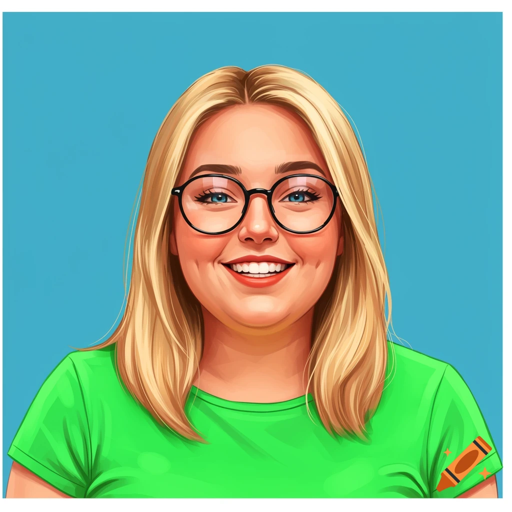 Illustration of a blonde woman with glasses and green shirt smiling