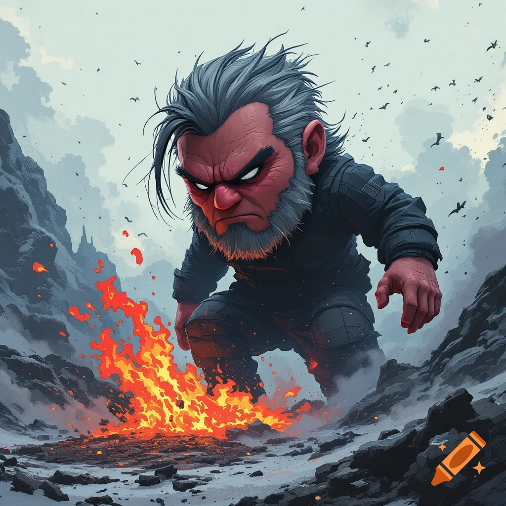 Ghibli style illustration of a giant-like figure standing over fire.