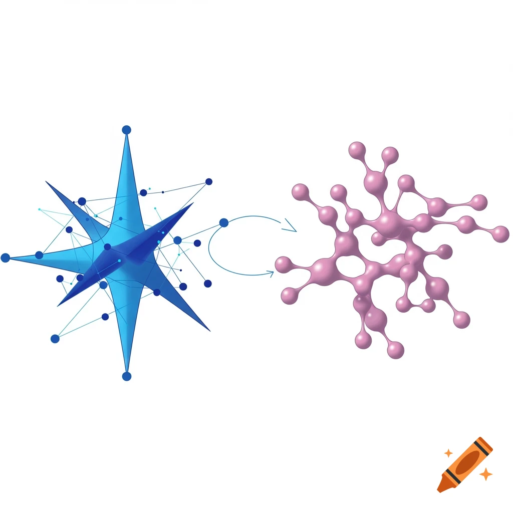 Illustration of a geometric blue shape and an organic pink shape connected by lines, representing neural networks.