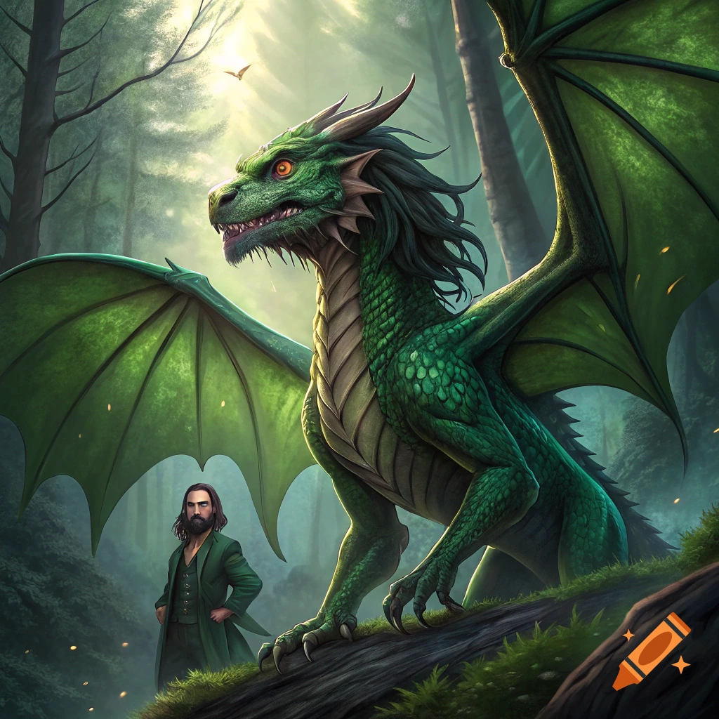 A large green dragon stands on a log in a forest next to a man in a green suit.