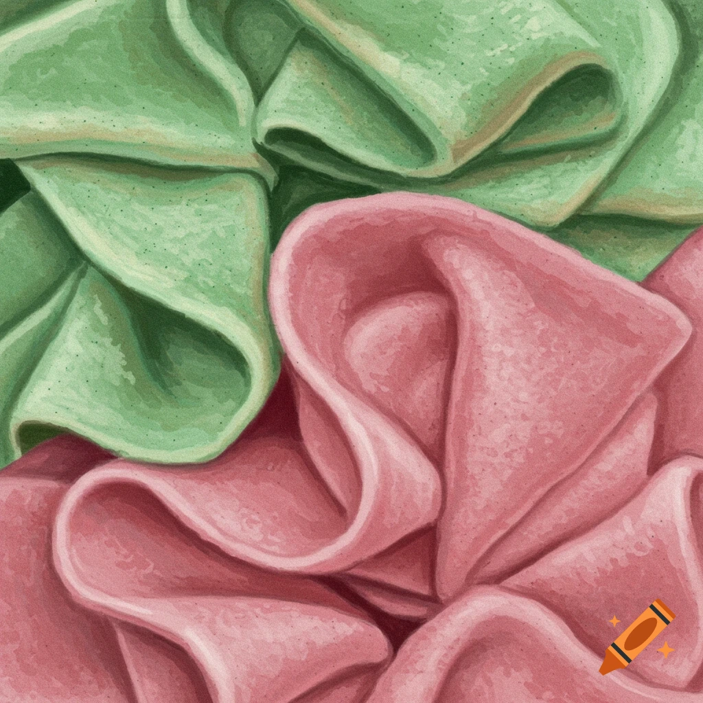 Close-up view of folded green and pink soft material.