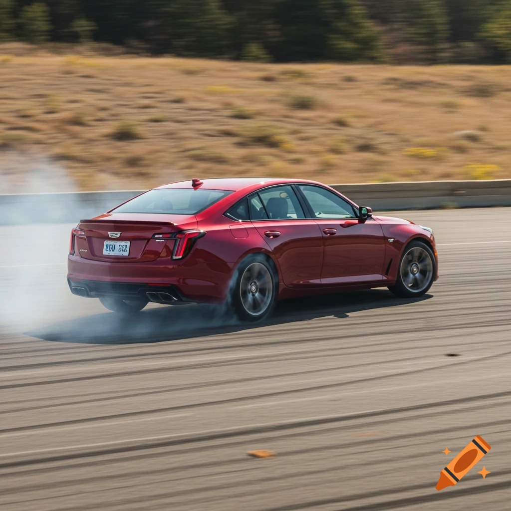 A red Cadillac CT5 drifts, smoking its tires on an asphalt track.