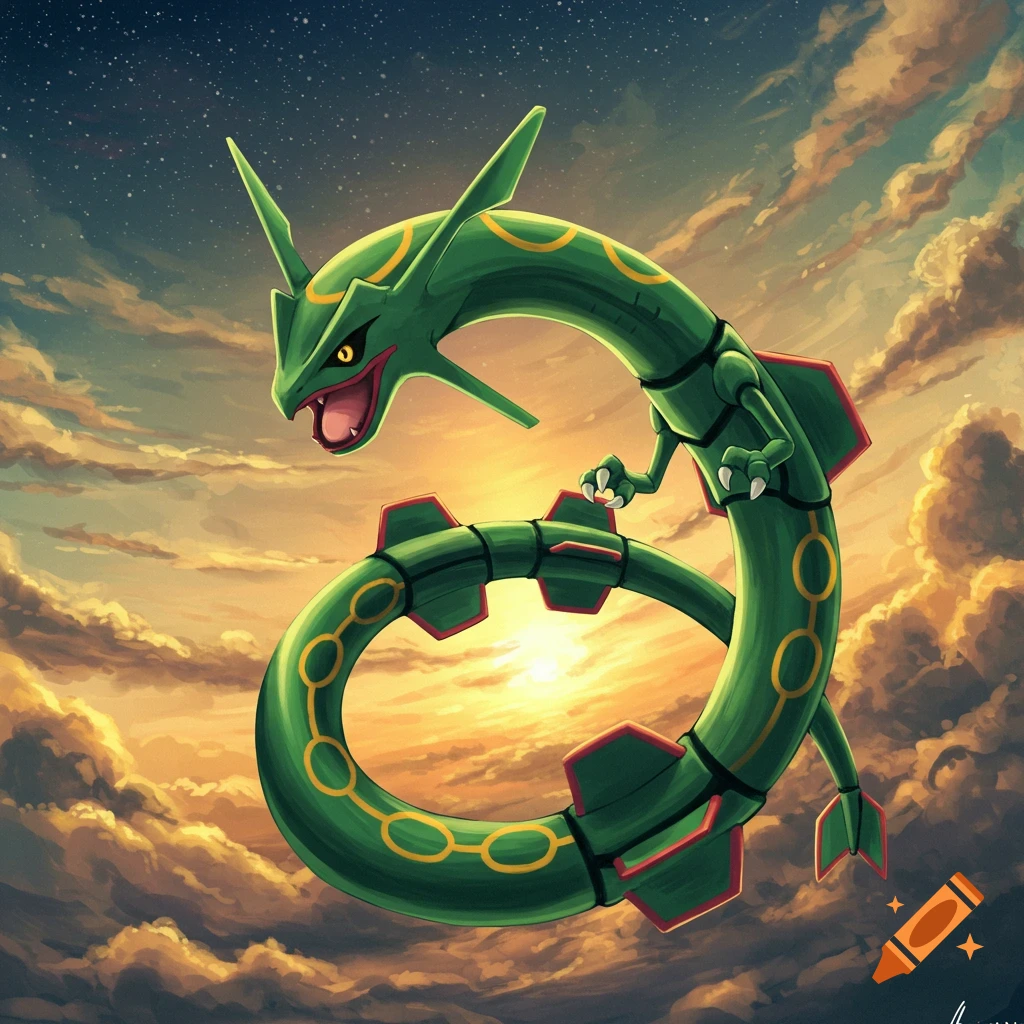 Rayquaza flying through a cloudy sunset sky with stars.