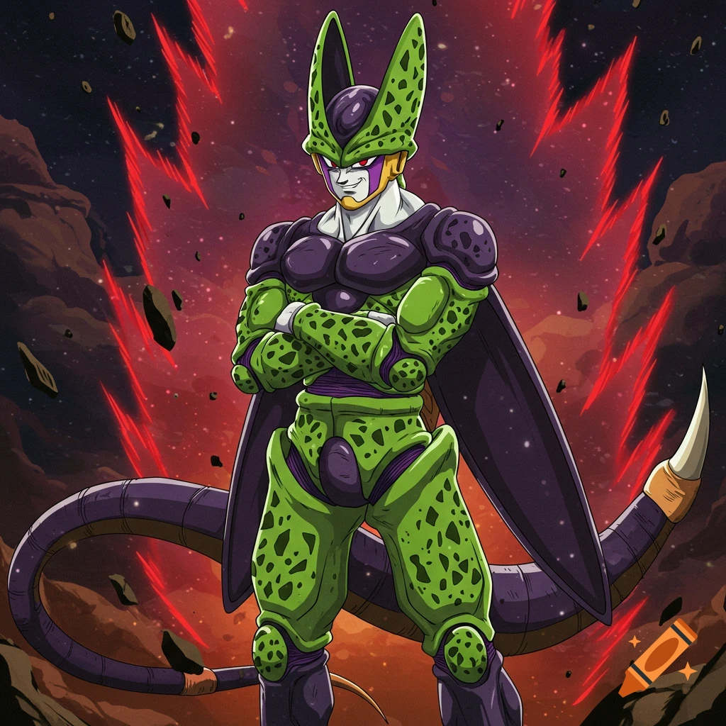 Cell from Dragon Ball Z stands with arms crossed against a chaotic red and dark background with floating rocks.