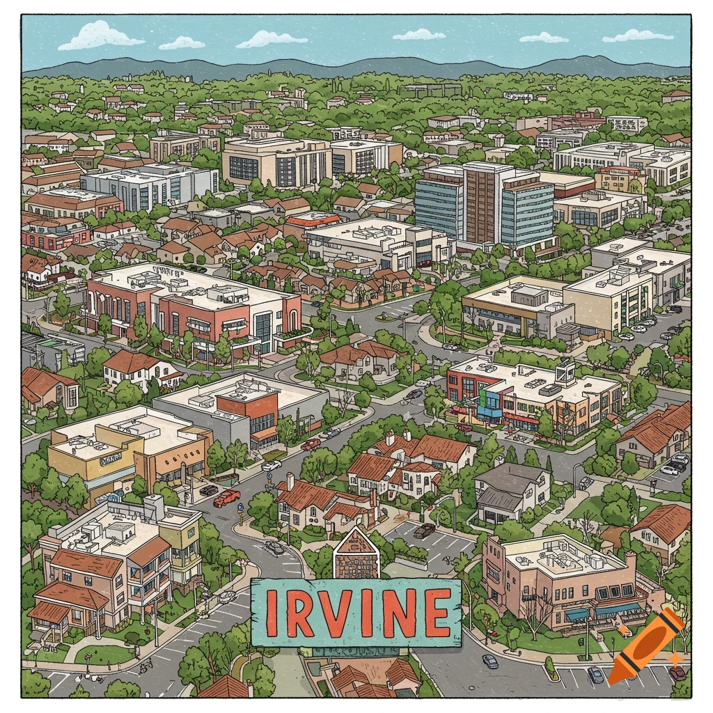 Illustrated aerial view of a city with a sign reading IRVINE.