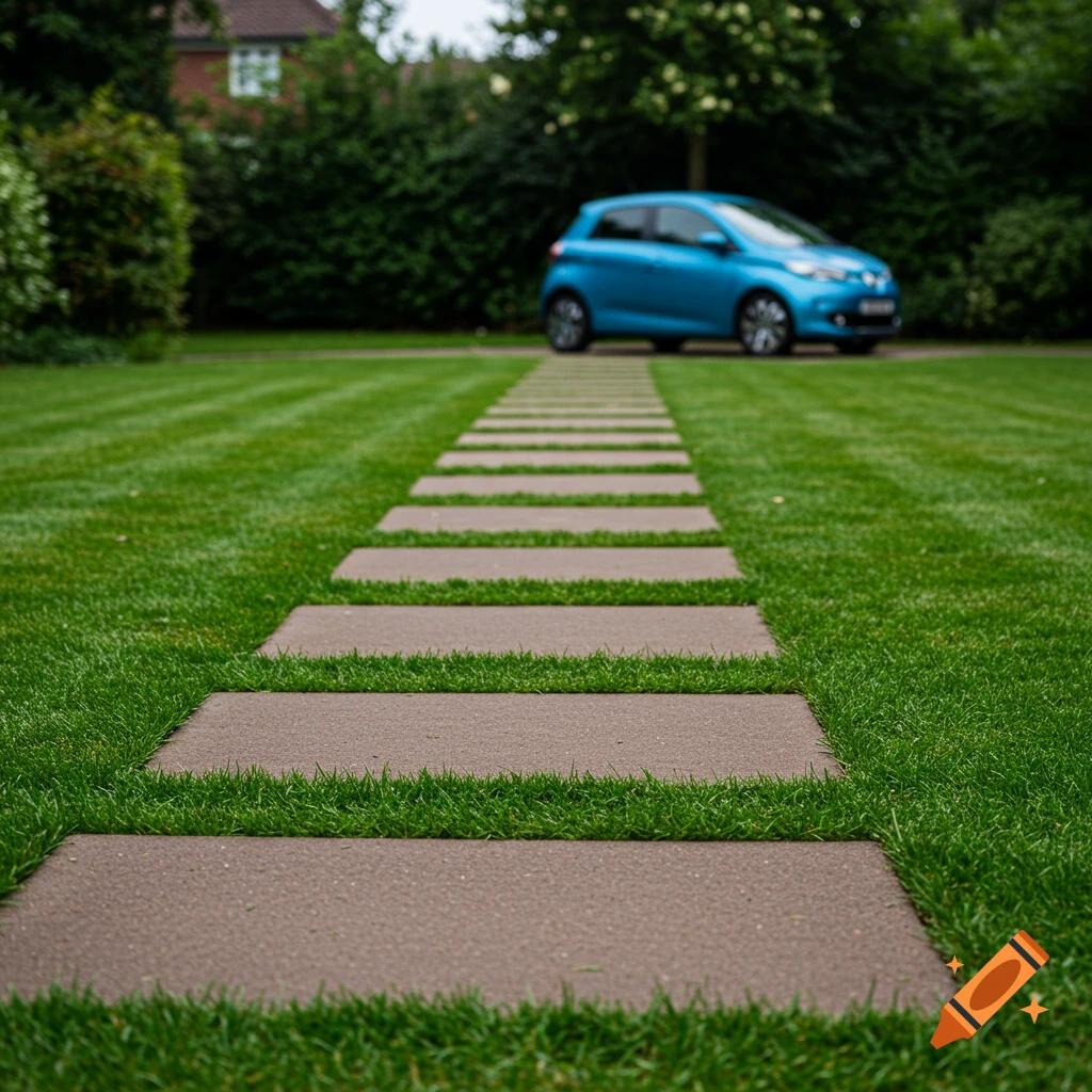 A stone path through a green lawn leads to a blue car