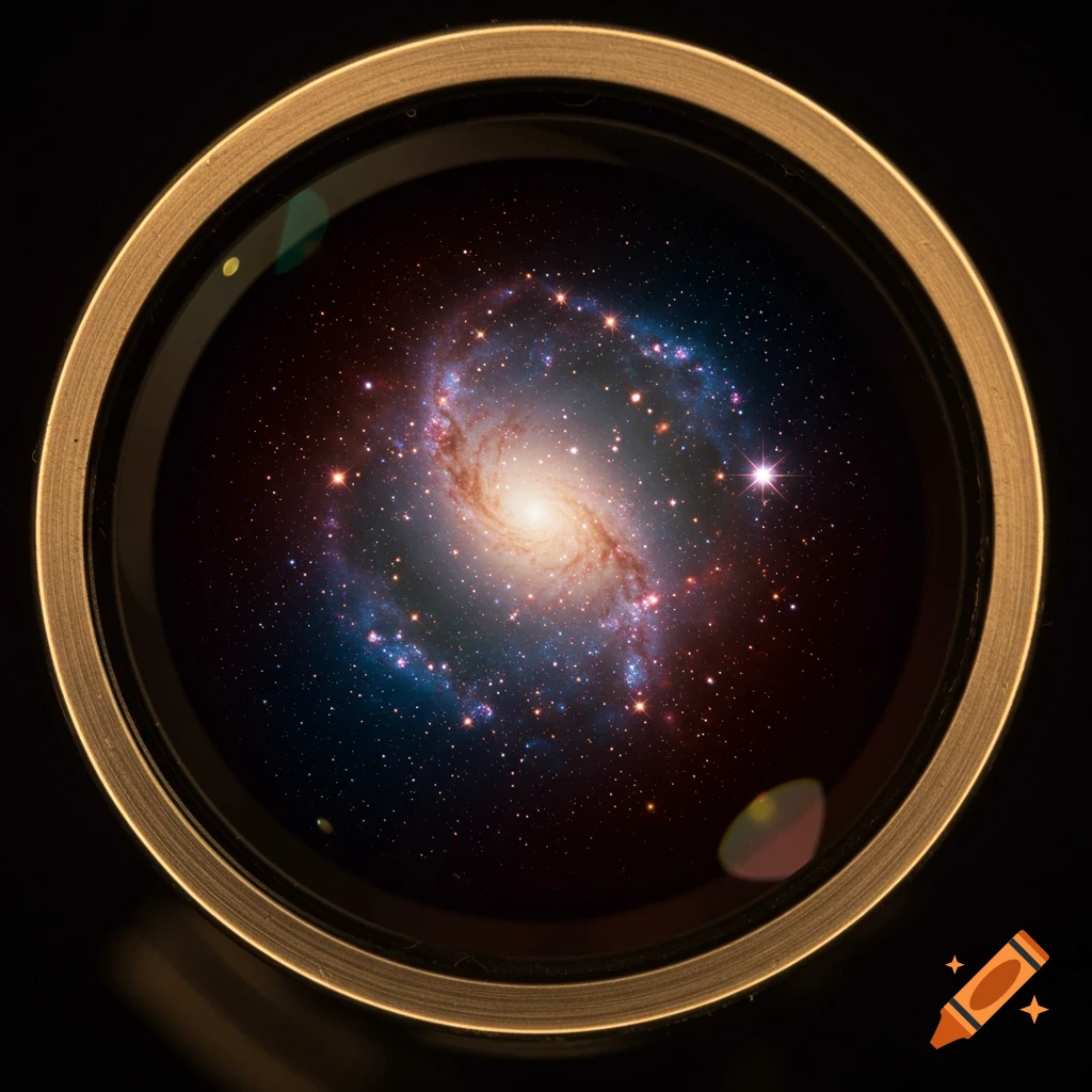 A close-up view of a spiral galaxy seen through a telescope lens with a brass edge.
