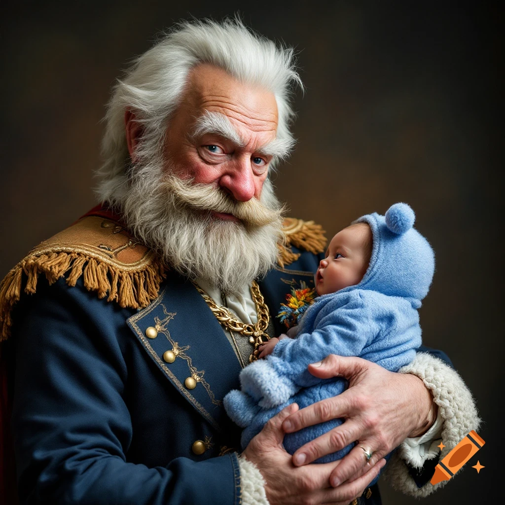 Portrait of an old man in ornate military uniform holding a baby in a blue suit.