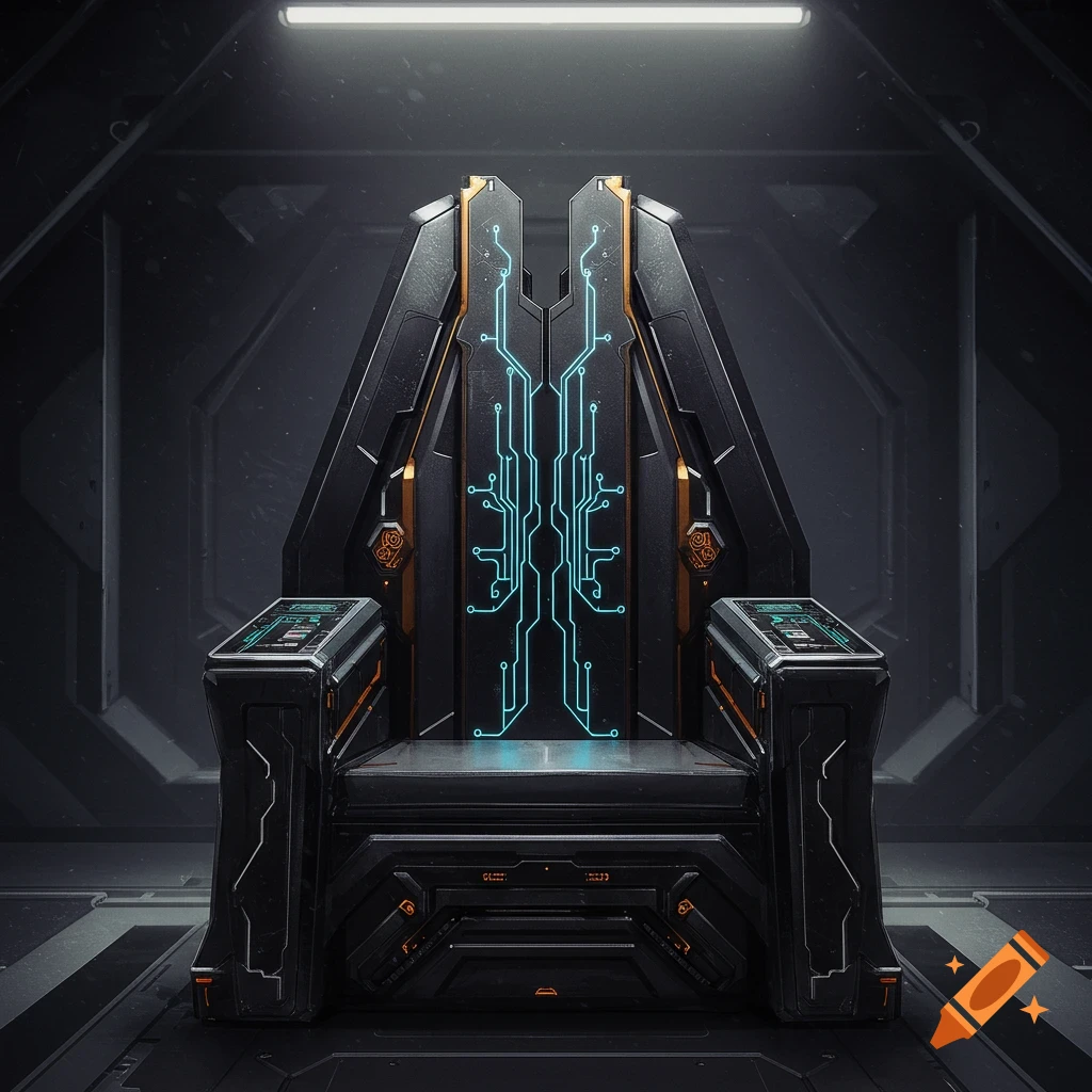 A futuristic dark throne with glowing blue circuit patterns in a dark room.