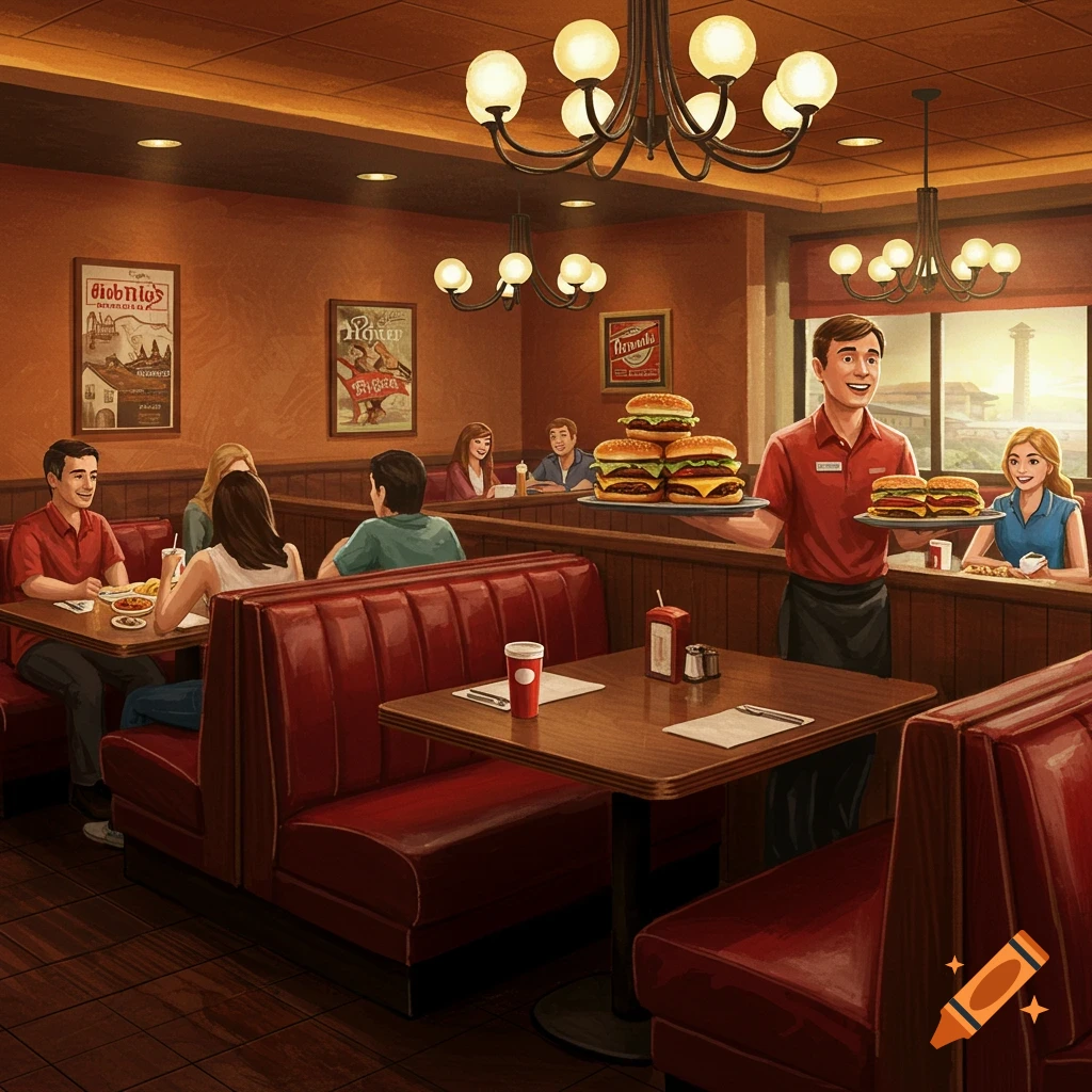An illustration of a waiter carrying platters of burgers in a busy restaurant.