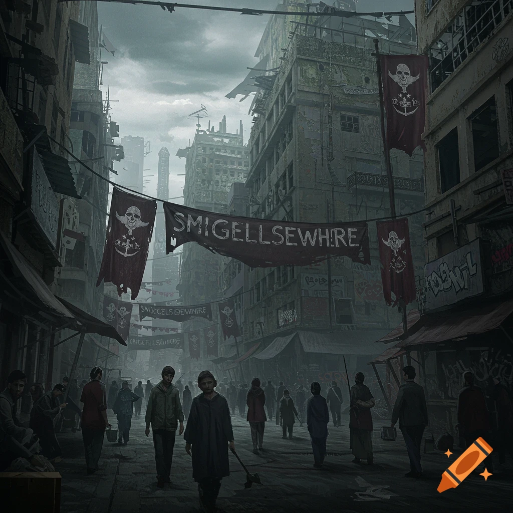 A street scene in a dystopian city with sad people walking among dilapidated buildings and banners.