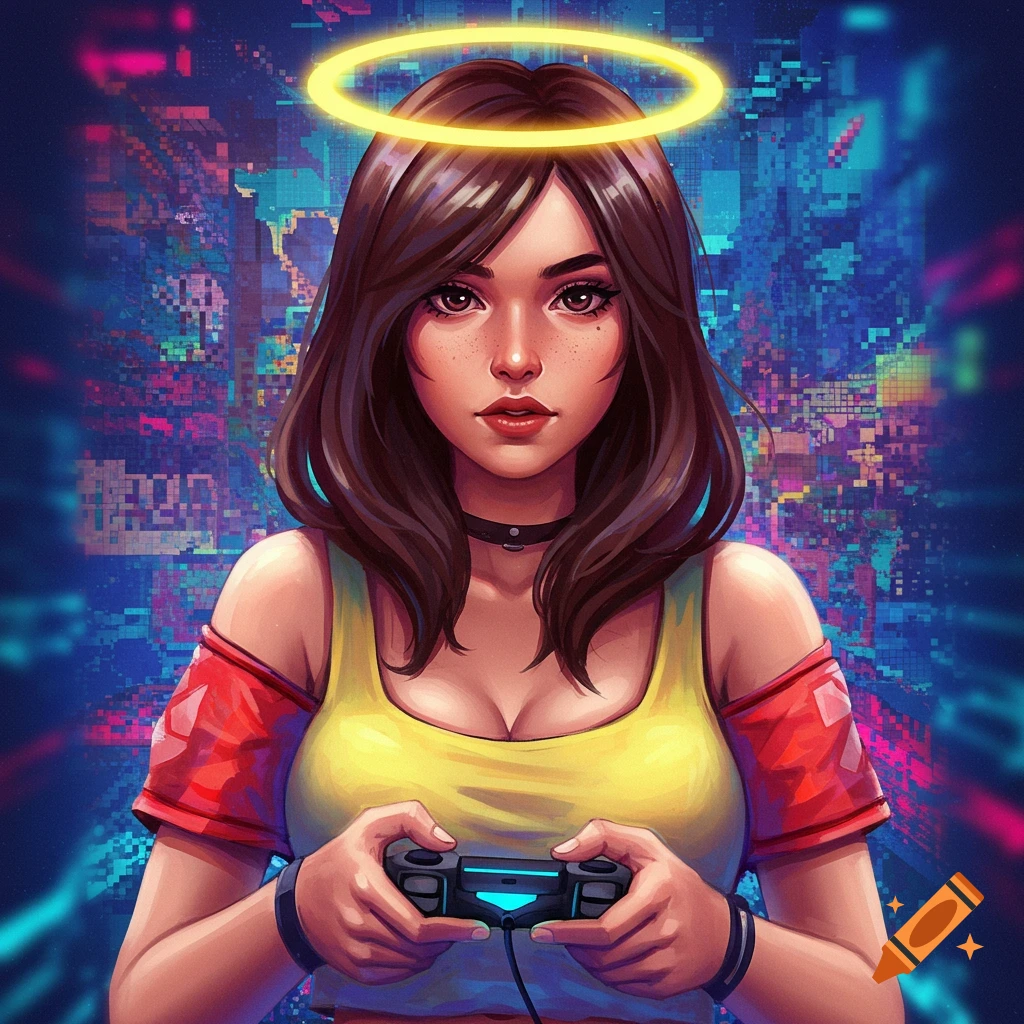 A digital illustration of a gaming girl with a halo holding a controller against a glitchy background.