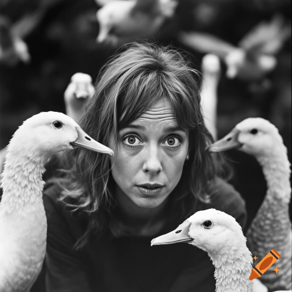 A black and white portrait of a surprised woman surrounded by ducks.