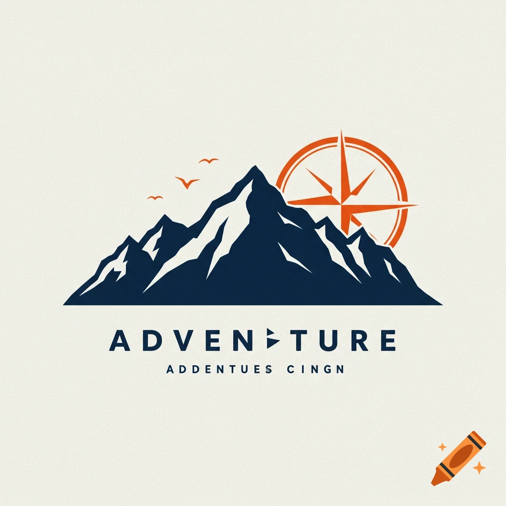 Logo with blue mountains, an orange compass, and text that reads 'ADVEN	URE' and 'ADDENTUES CINGN'.