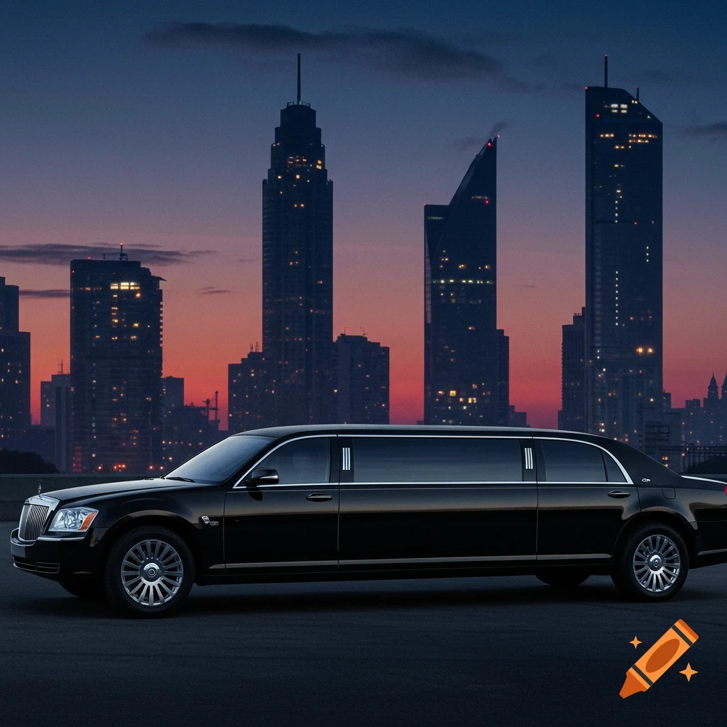 A black limousine is parked facing sideways with a city skyline in the background at sunset.
