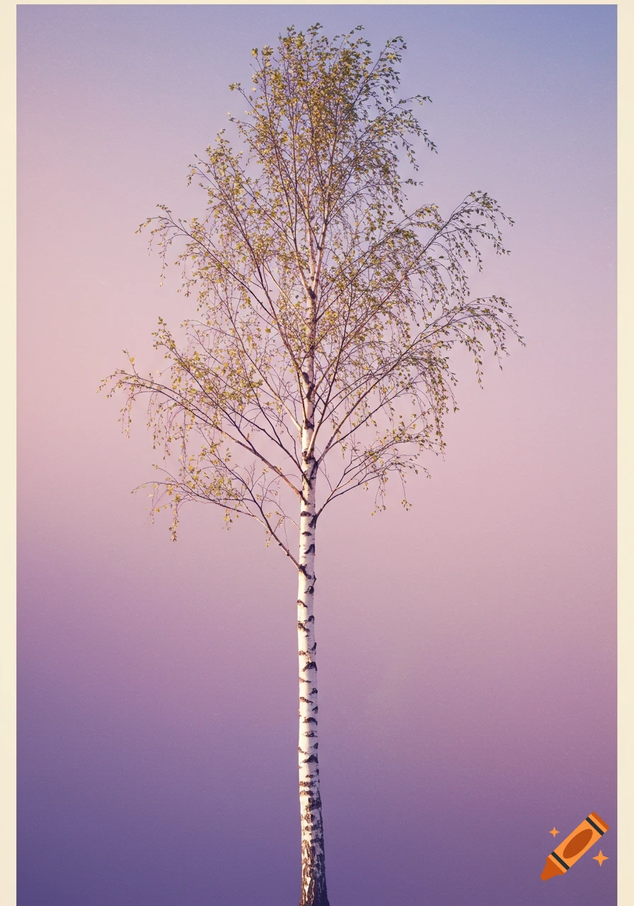 A single birch tree with light green leaves against a gradient purple and pink sky.